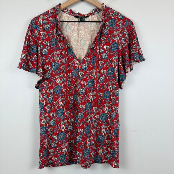 Ralph Lauren Floral Top Womens Large Red Blue Linen Blend Tie-Neck Blouse Bloom - Picture 1 of 8